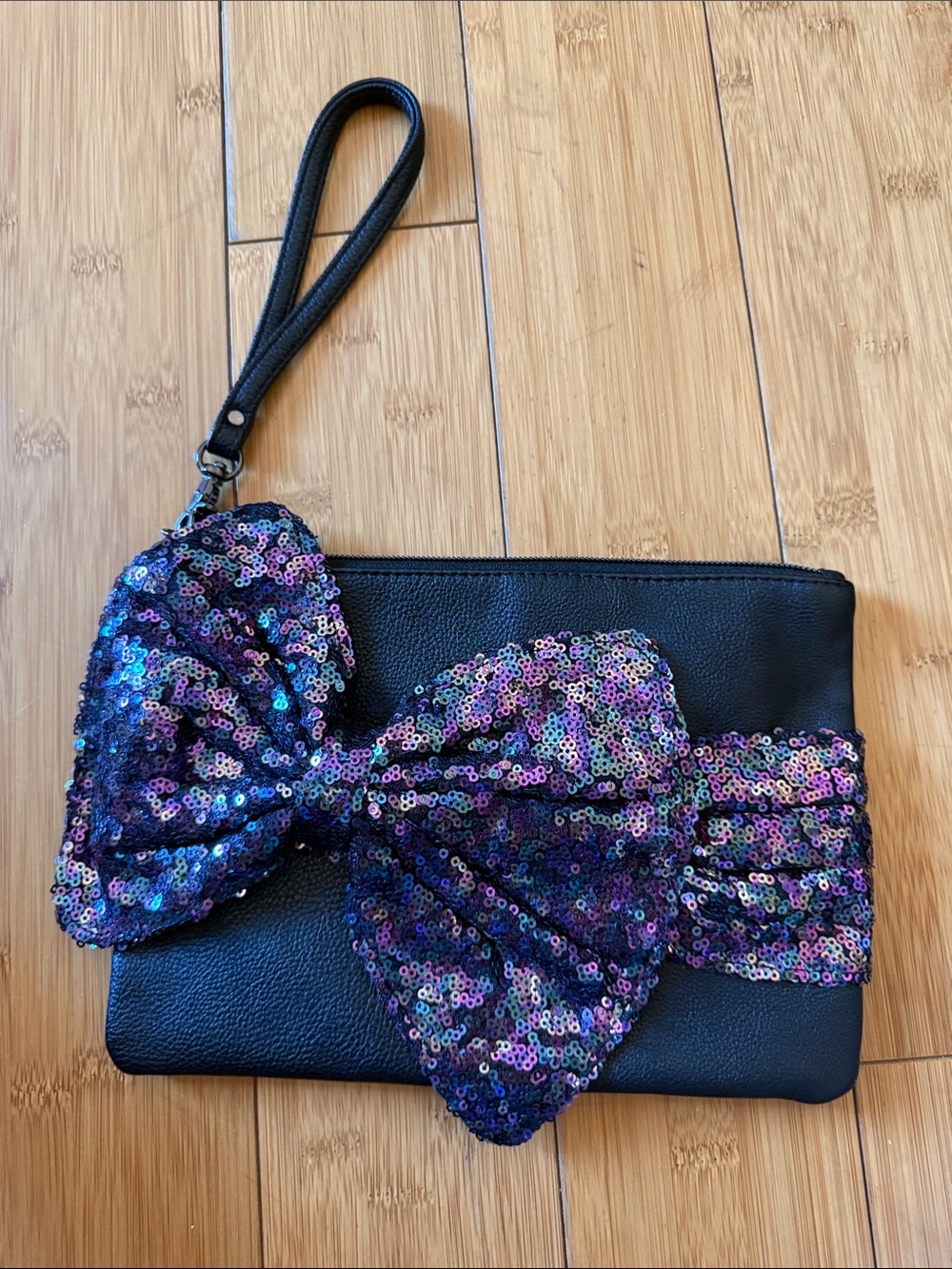 Betsey Johnson Black Wristlet Clutch with Iridescent Sequin Bow